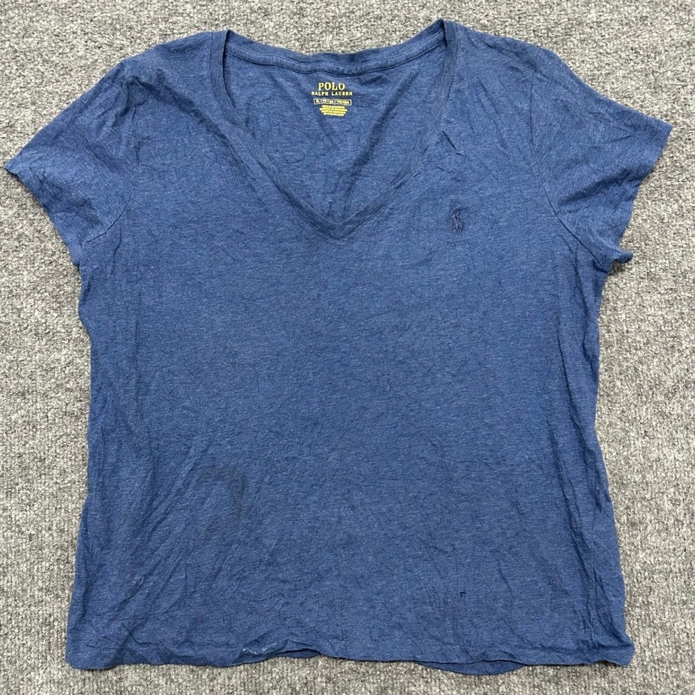 Polo Ralph Lauren T-Shirt Womens XL Blue V-Neck Short Sleeve Pony Logo Stain
